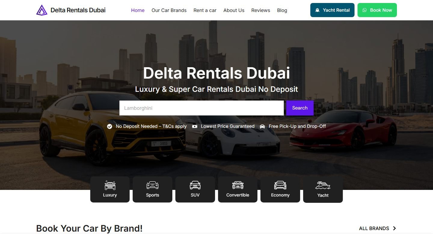 Delta Rentals Dubai homepage: luxury car search over a line-up of supercars