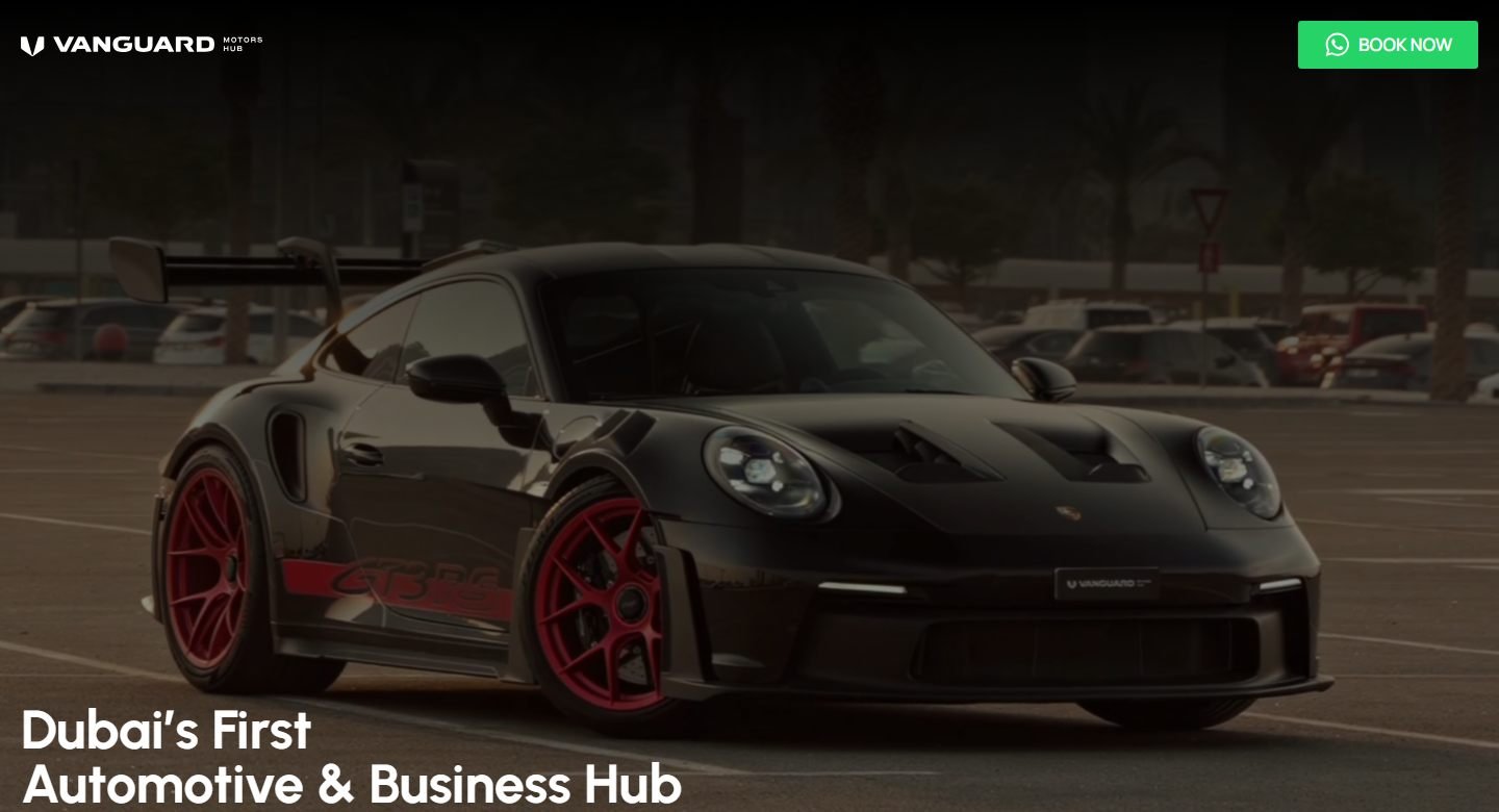 Vanguard Motors Hub homepage: a black Porsche GT3 RS
